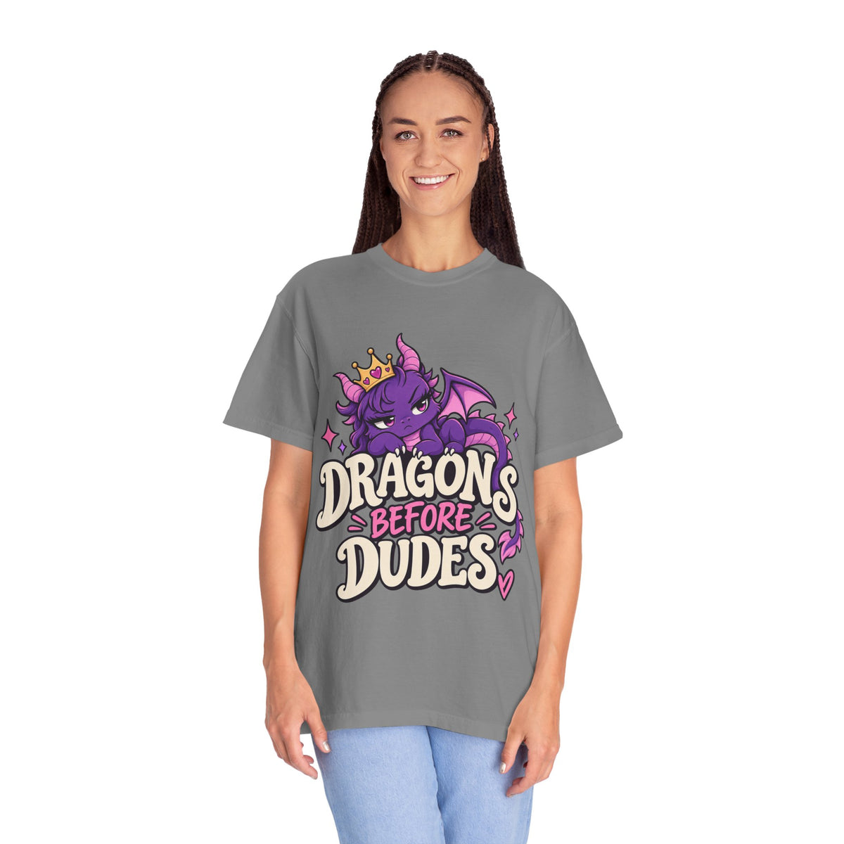 Dragons Before Dudes T-Shirt — Cute Purple Dragon Graphic Tee for Women & Fans