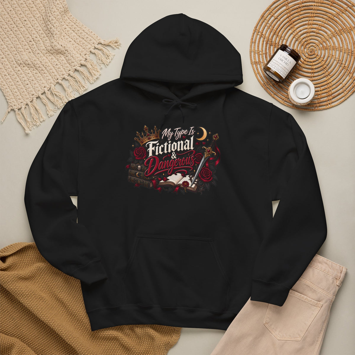 Hoodie — "My Type Is Fictional (Dangerous)" Booklover Graphic Pullover