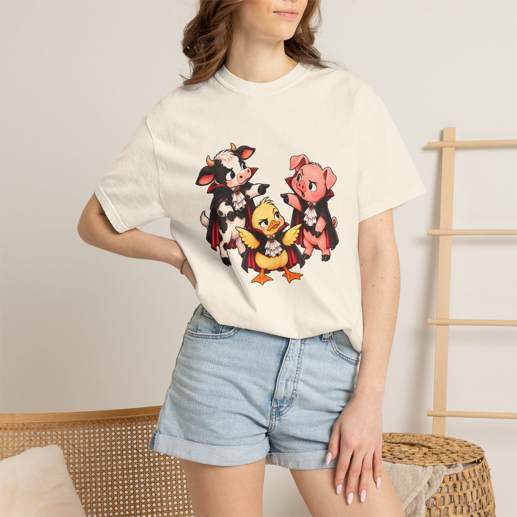 "This is why we have a wardrobe meeting first!" Cow, Pig & Chick Cartoon Graphic Tee