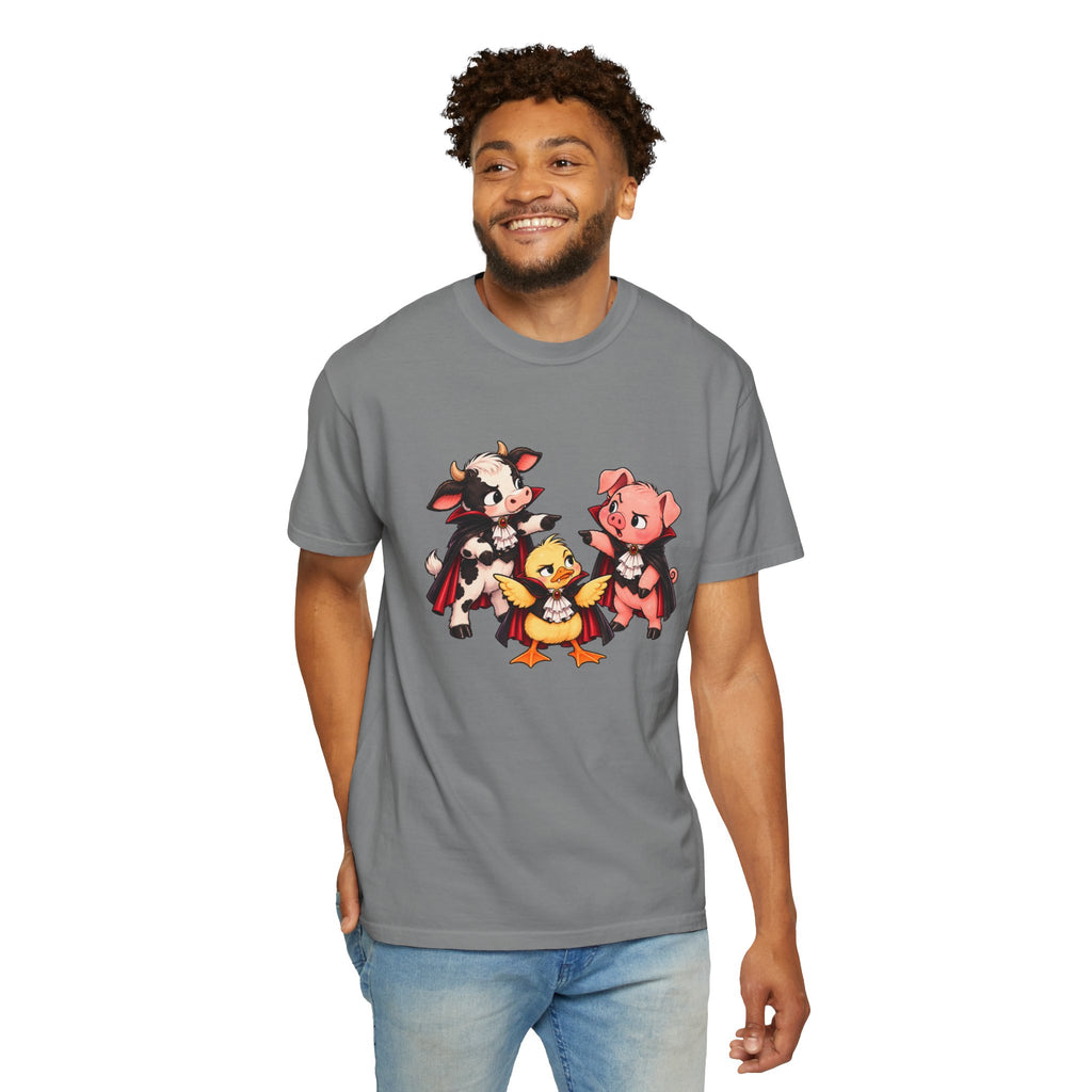 "This is why we have a wardrobe meeting first!" Cow, Pig & Chick Cartoon Graphic Tee