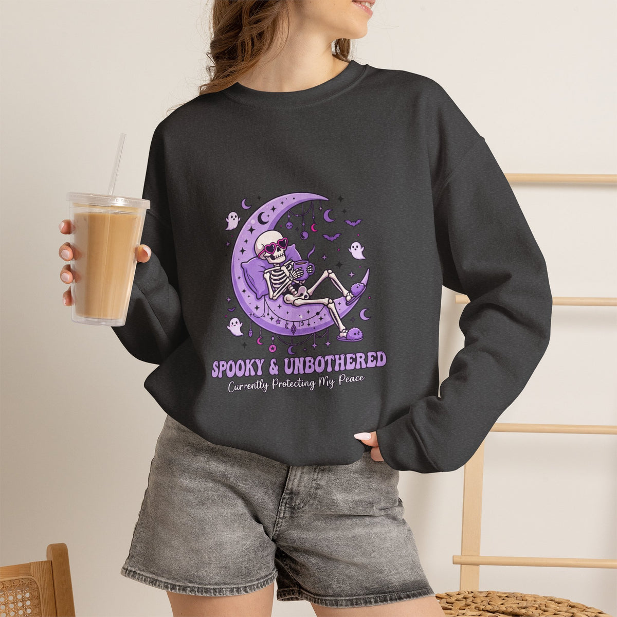 Skeleton on Moon Crewneck Sweatshirt — "Spooky & Unsocialized" Purple Gothic Graphic