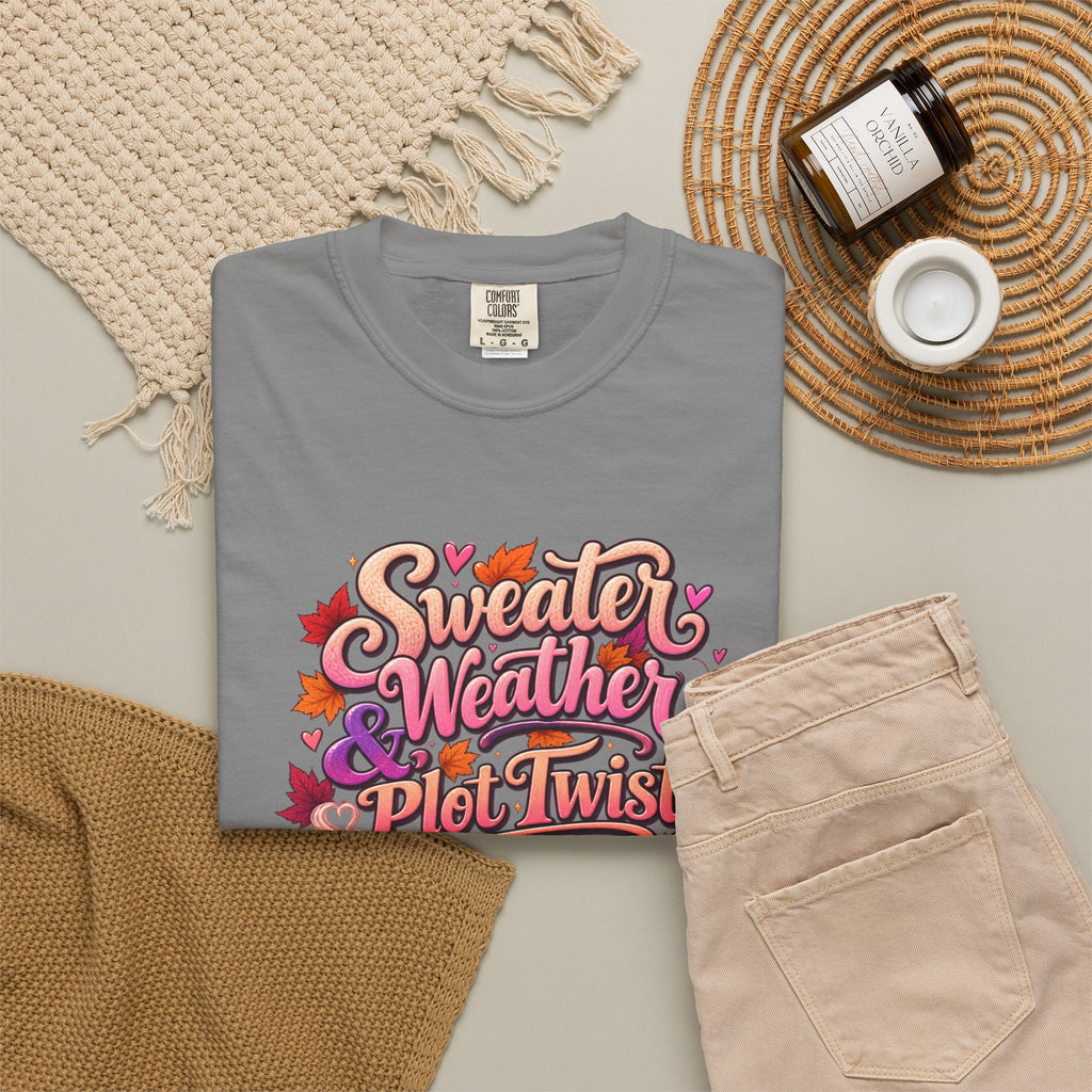 Sweater Weather Plot Twists Tee — Cozy Autumn Book Lover T-Shirt
