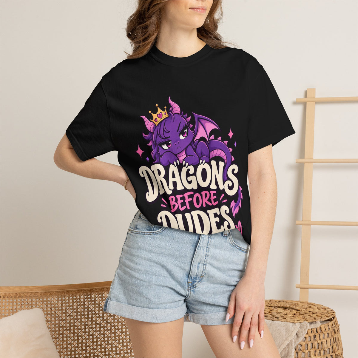Dragons Before Dudes T-Shirt — Cute Purple Dragon Graphic Tee for Women & Fans