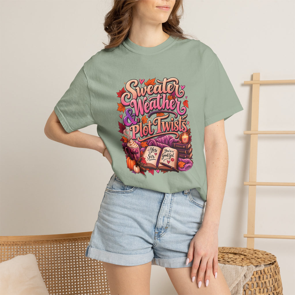 Sweater Weather Plot Twists Tee — Cozy Autumn Book Lover T-Shirt