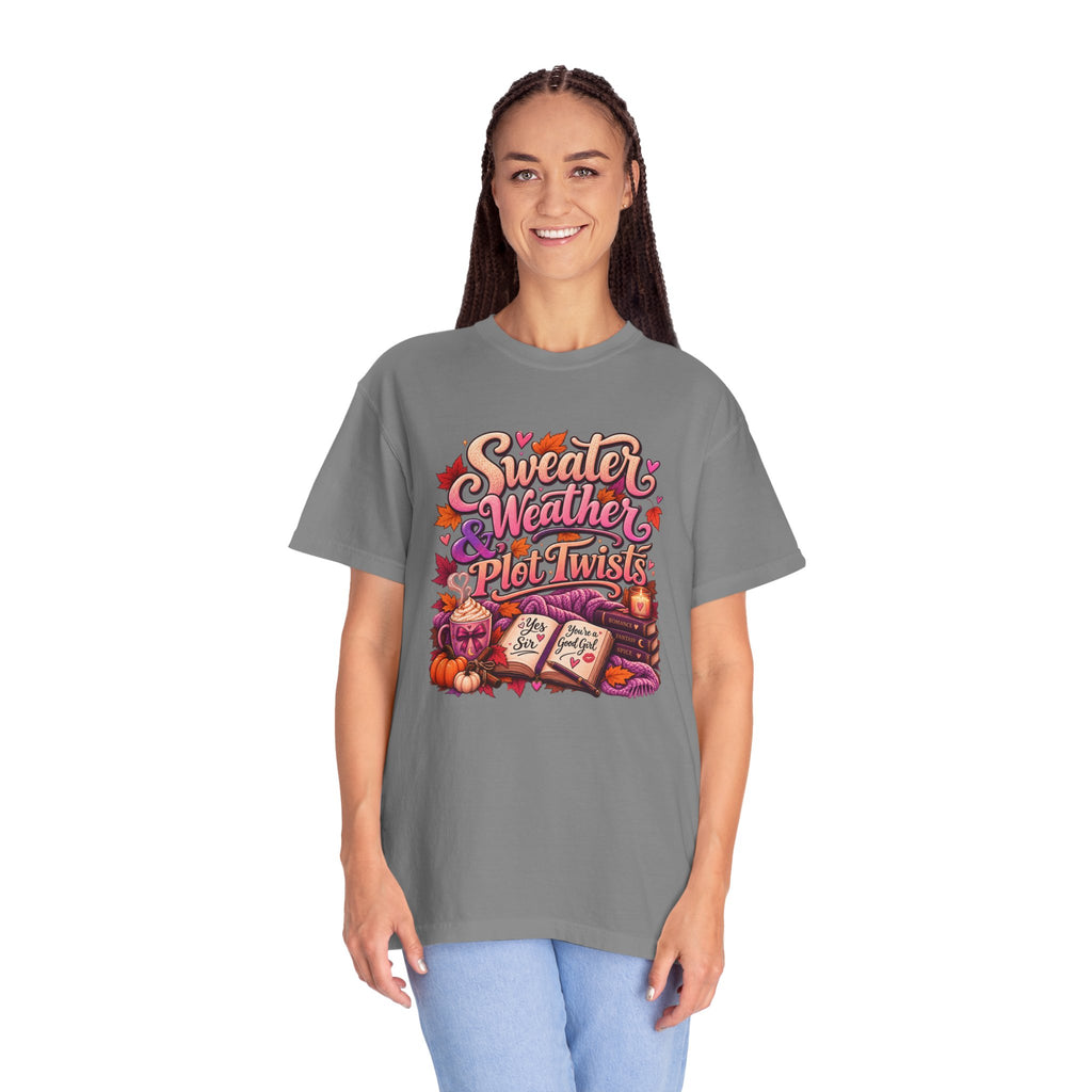 Sweater Weather Plot Twists Tee — Cozy Autumn Book Lover T-Shirt