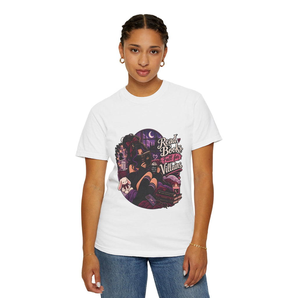 T-Shirt — "Ready Book & Fall for Villains" Gothic Reading Graphic Tee