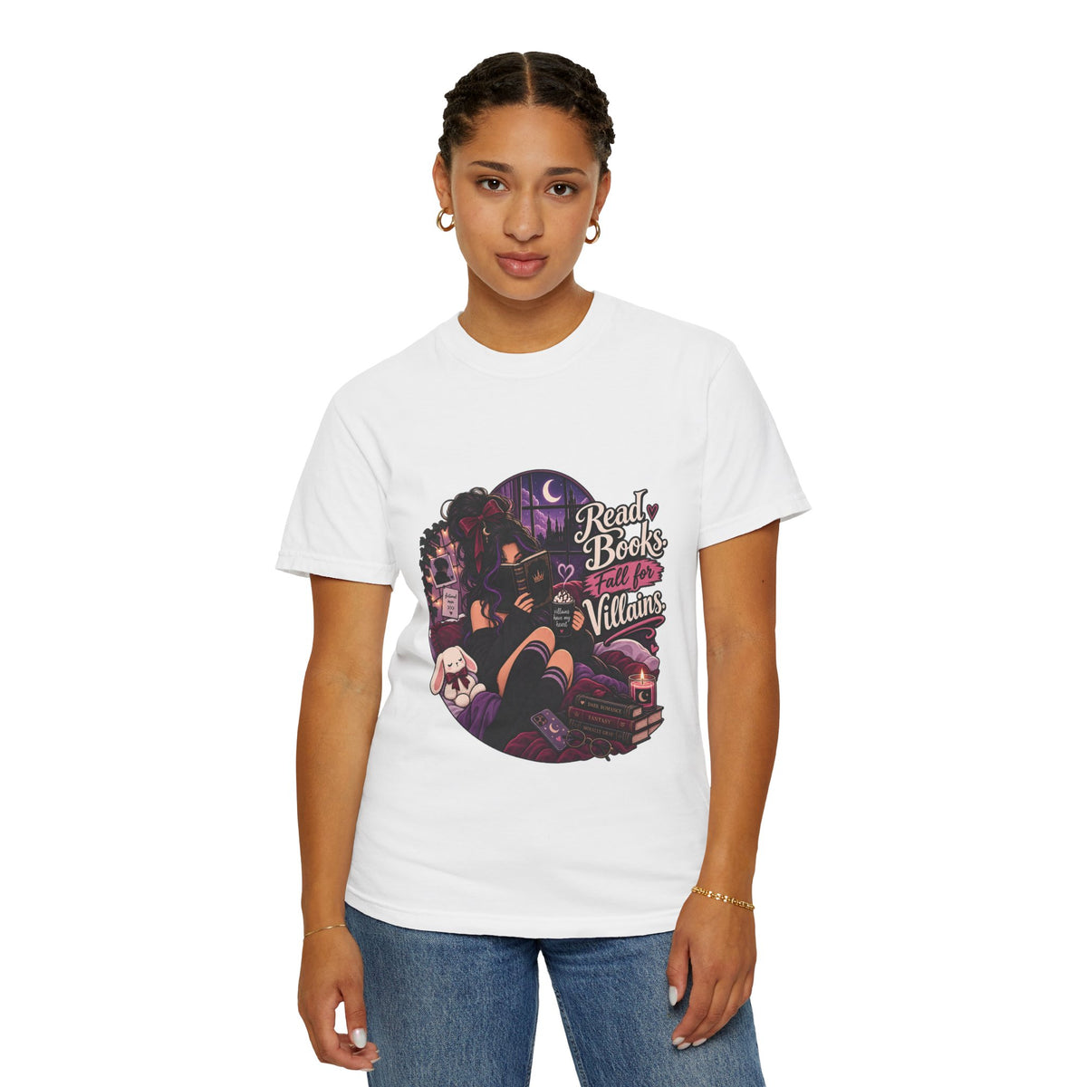 T-Shirt — "Ready Book & Fall for Villains" Gothic Reading Graphic Tee