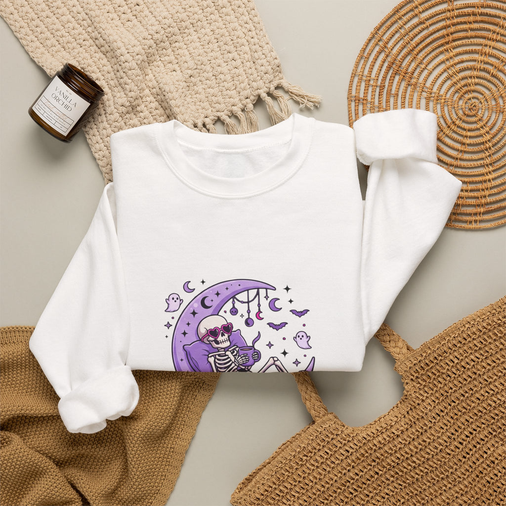Skeleton on Moon Crewneck Sweatshirt — "Spooky & Unsocialized" Purple Gothic Graphic