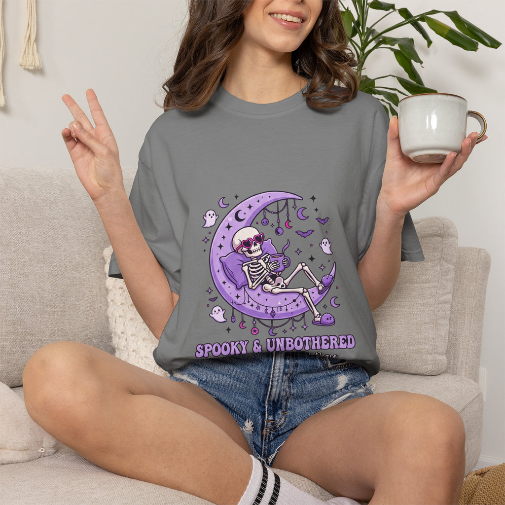 Spooky & Unbothered Skeleton Moon T-Shirt — Relaxed Gothic Graphic Tee