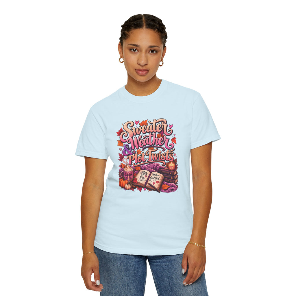 Sweater Weather Plot Twists Tee — Cozy Autumn Book Lover T-Shirt