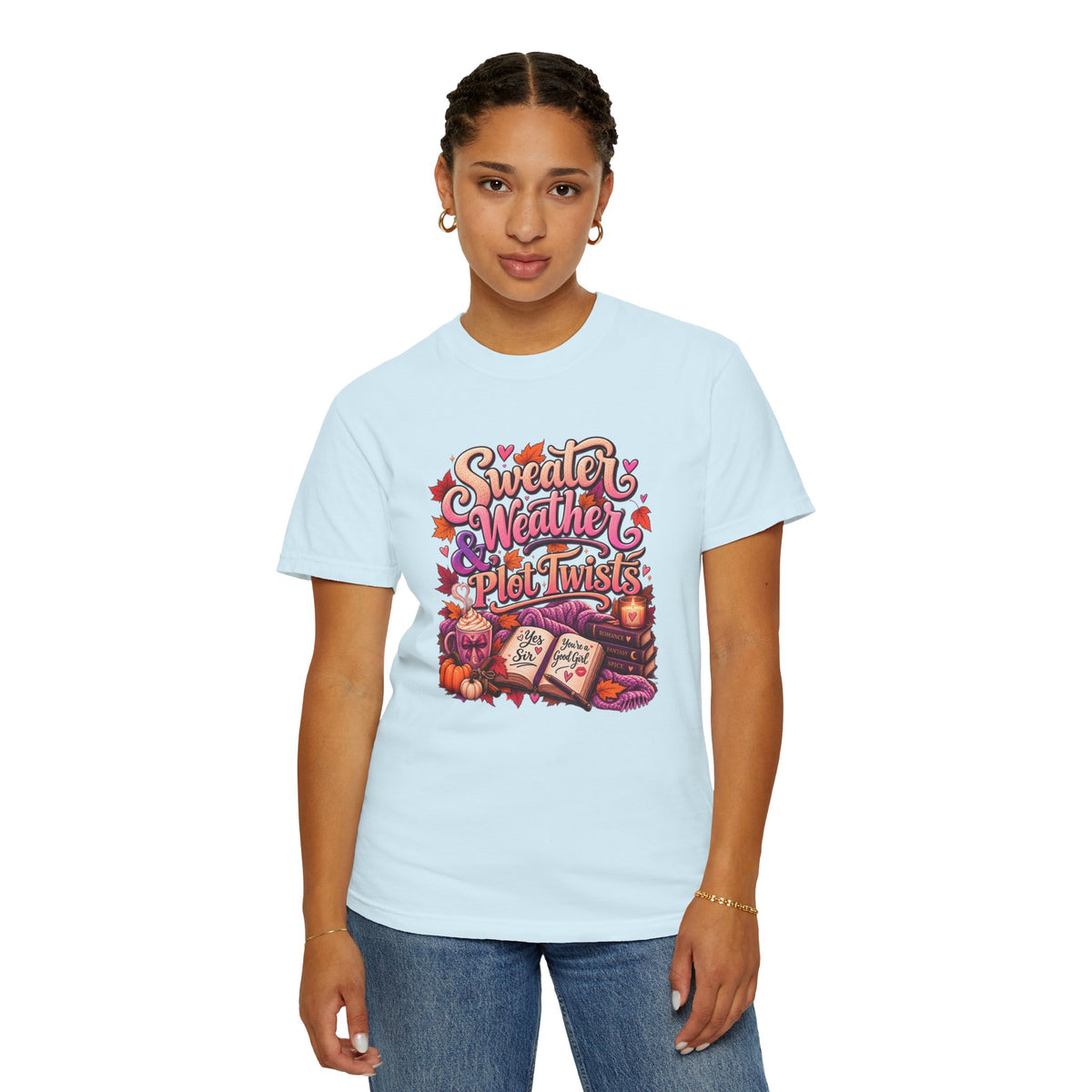 Sweater Weather Plot Twists Tee — Cozy Autumn Book Lover T-Shirt