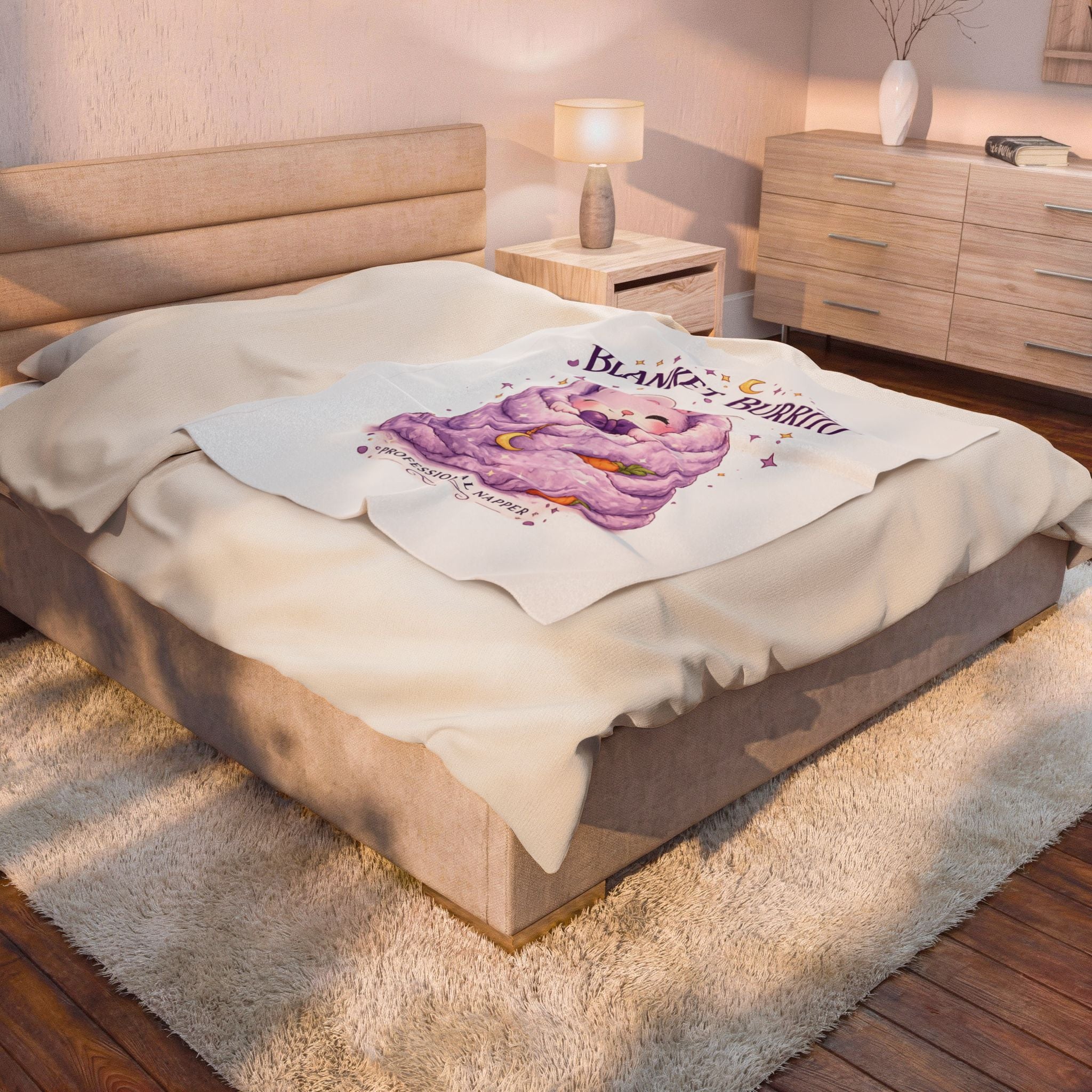 Blanket Burrito Velveteen Plush Blanket — Cute Bunny ‘Professional Napper’ Throw