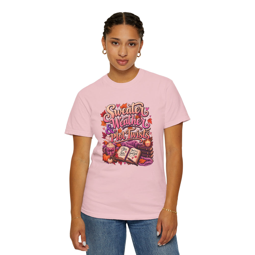 Sweater Weather Plot Twists Tee — Cozy Autumn Book Lover T-Shirt