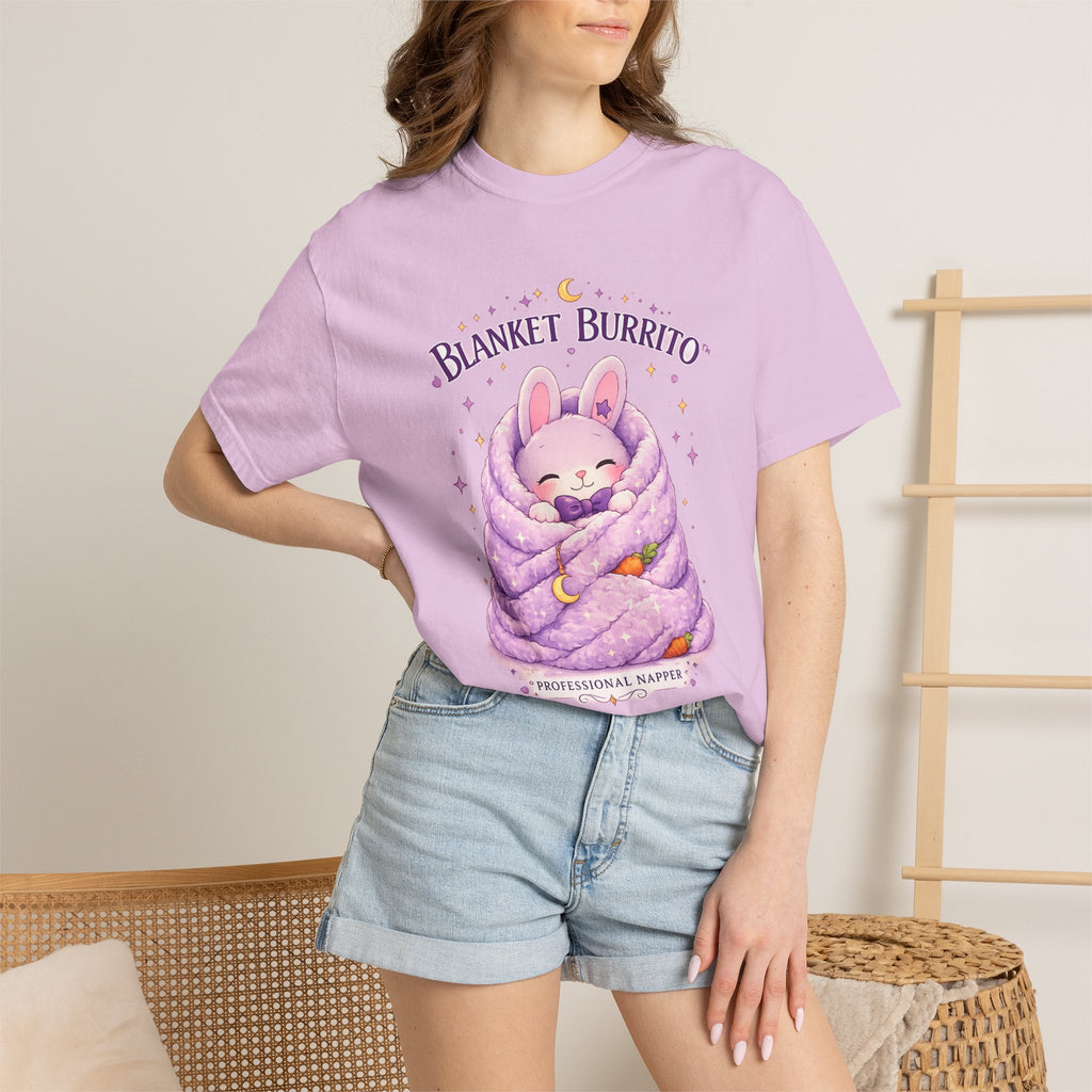Blanket Burrito T‑Shirt — Cute Bunny Wrapped in Cozy Purple Blanket (Sleepy Comfort, Gift for Animal Lovers)
