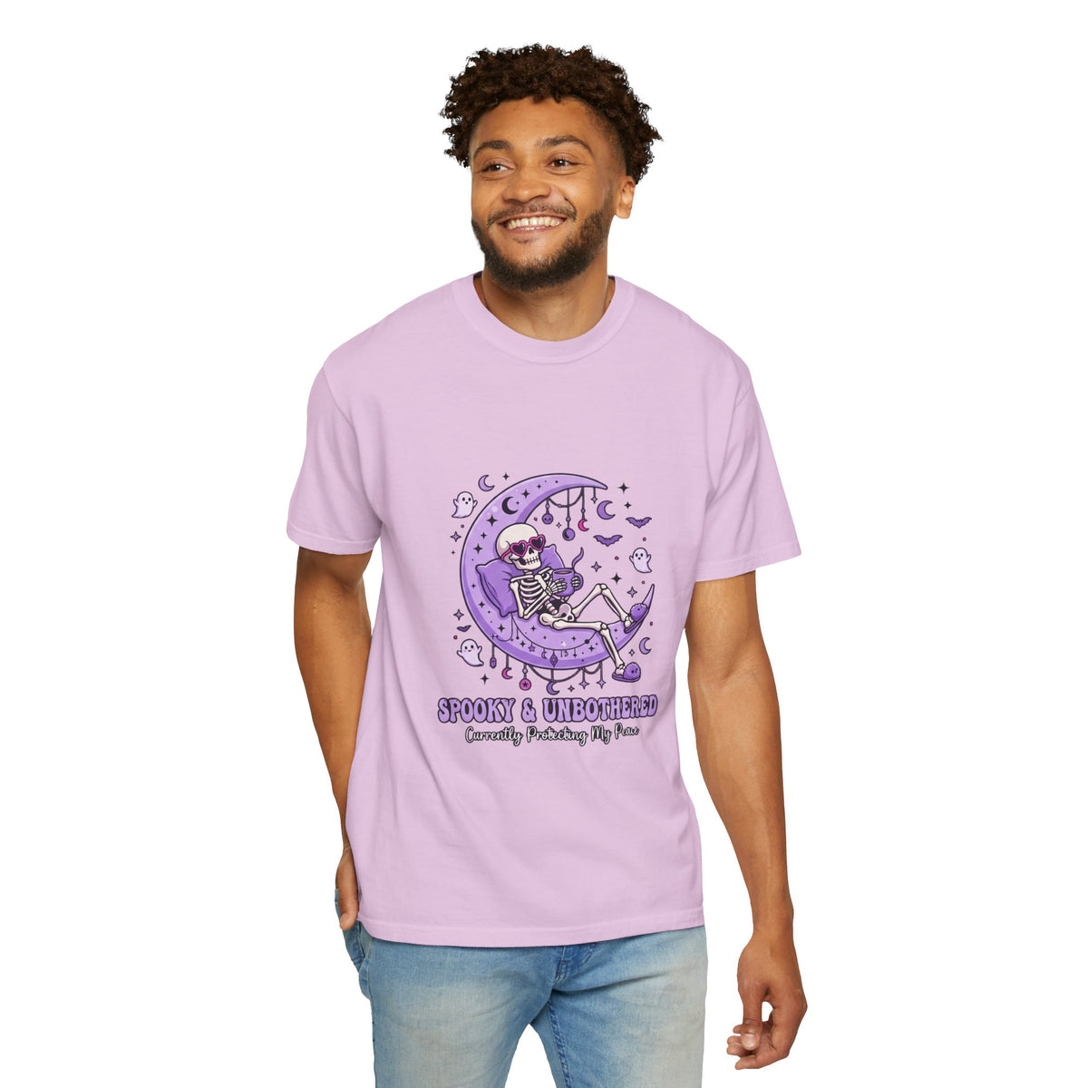 Spooky & Unbothered Skeleton Moon T-Shirt — Relaxed Gothic Graphic Tee