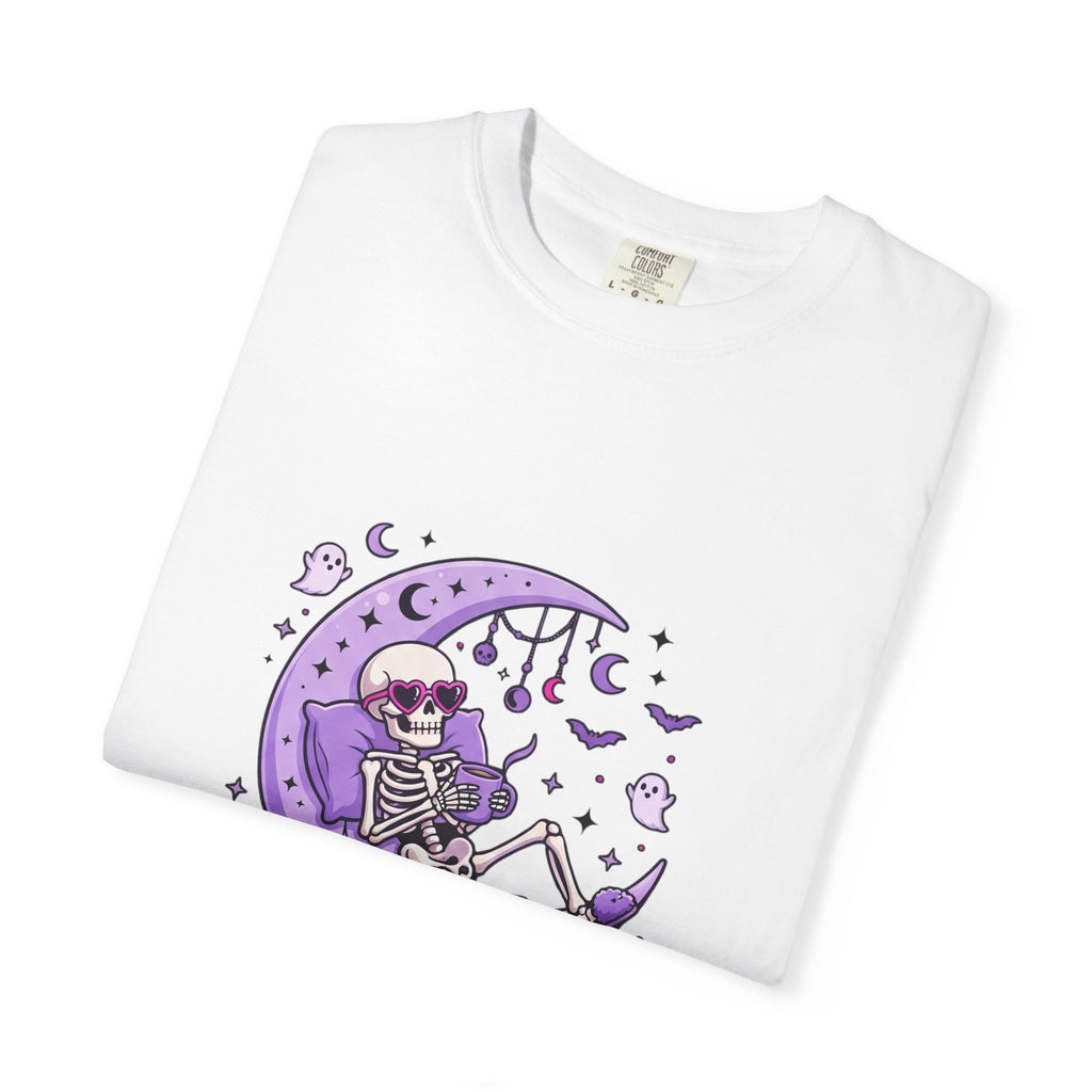 Spooky & Unbothered Skeleton Moon T-Shirt — Relaxed Gothic Graphic Tee