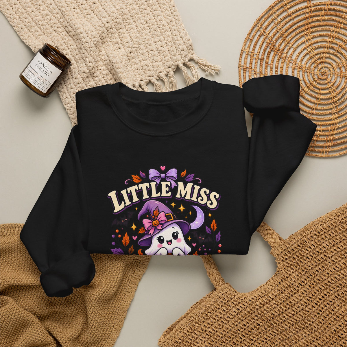 Little Miss Spooky Season Sweatshirt — Cute Halloween Ghost & Pumpkin Crewneck