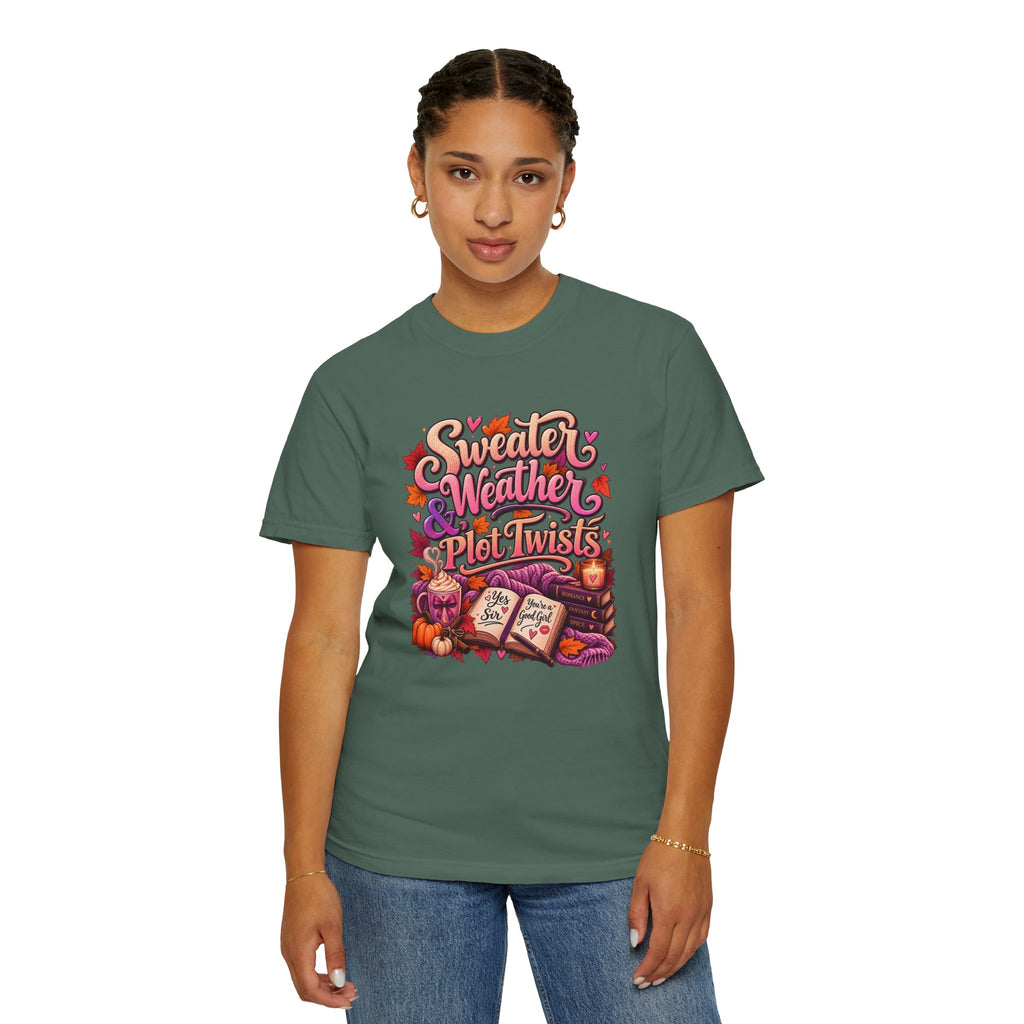 Sweater Weather Plot Twists Tee — Cozy Autumn Book Lover T-Shirt