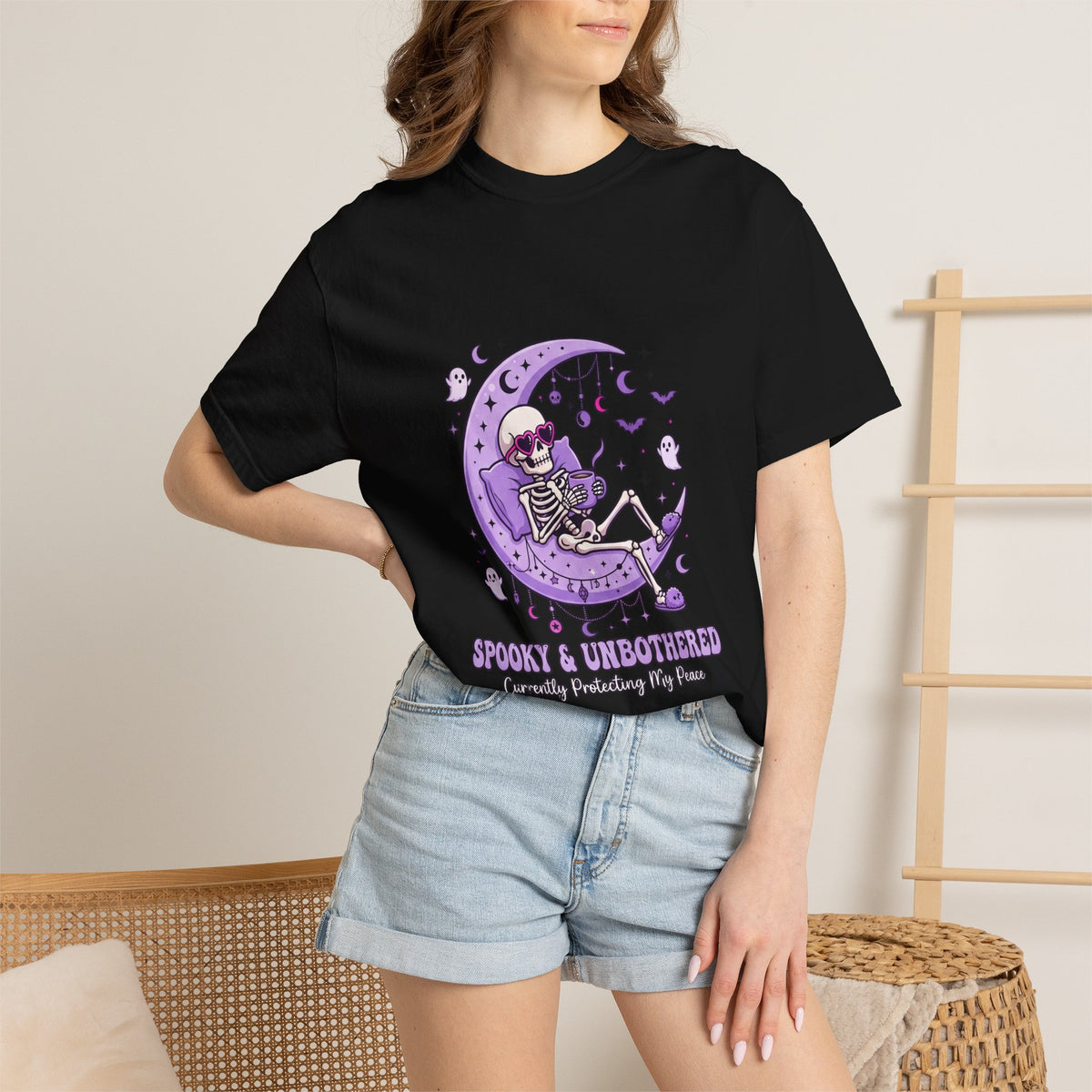 Spooky & Unbothered Skeleton Moon T-Shirt — Relaxed Gothic Graphic Tee