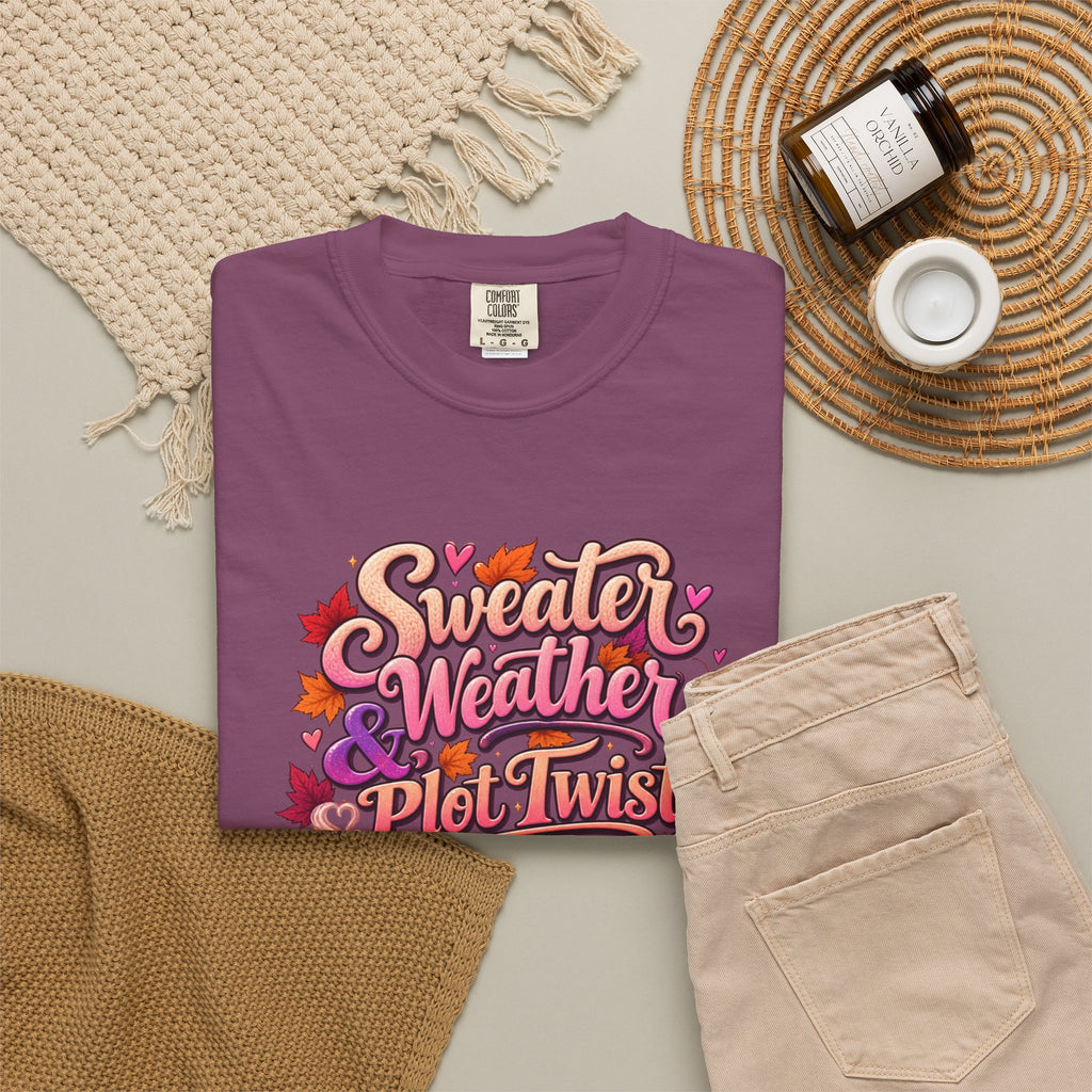 Sweater Weather Plot Twists Tee — Cozy Autumn Book Lover T-Shirt