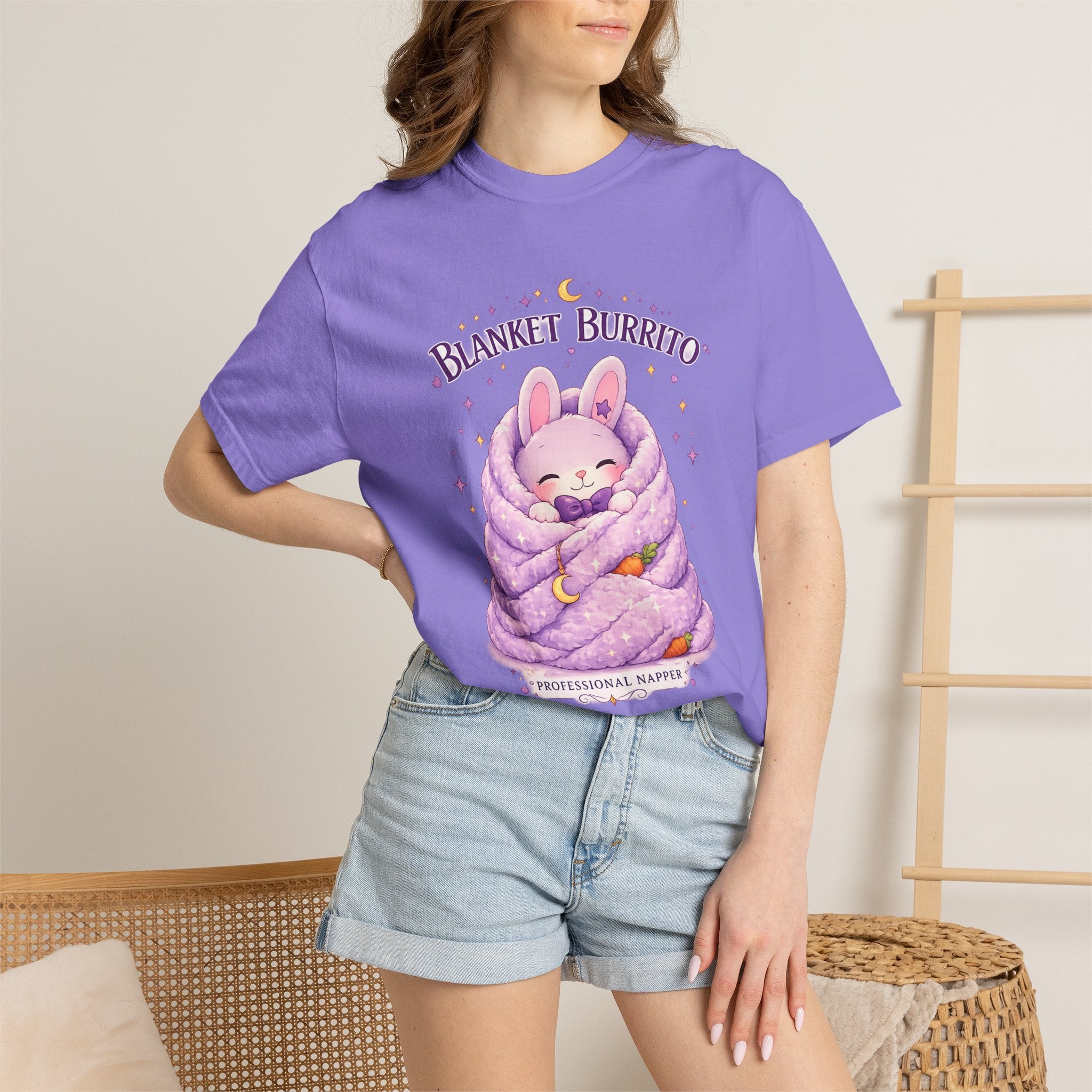 Blanket Burrito T‑Shirt — Cute Bunny Wrapped in Cozy Purple Blanket (Sleepy Comfort, Gift for Animal Lovers)