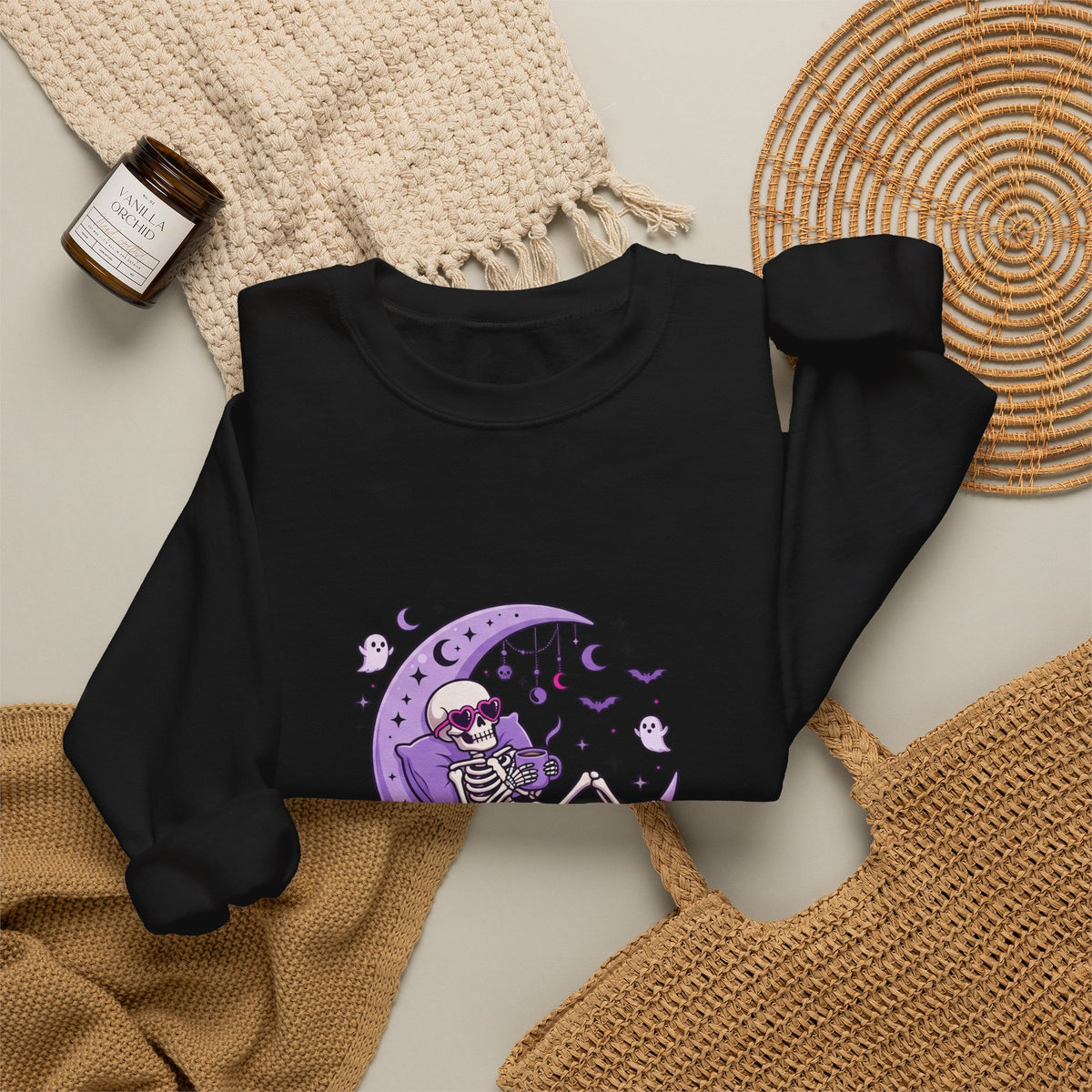 Skeleton on Moon Crewneck Sweatshirt — "Spooky & Unsocialized" Purple Gothic Graphic