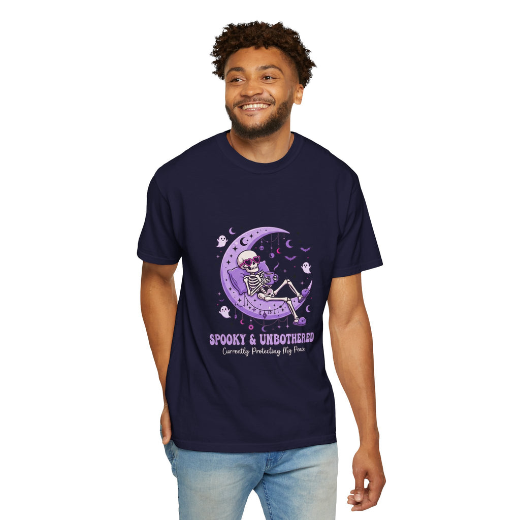 Spooky & Unbothered Skeleton Moon T-Shirt — Relaxed Gothic Graphic Tee