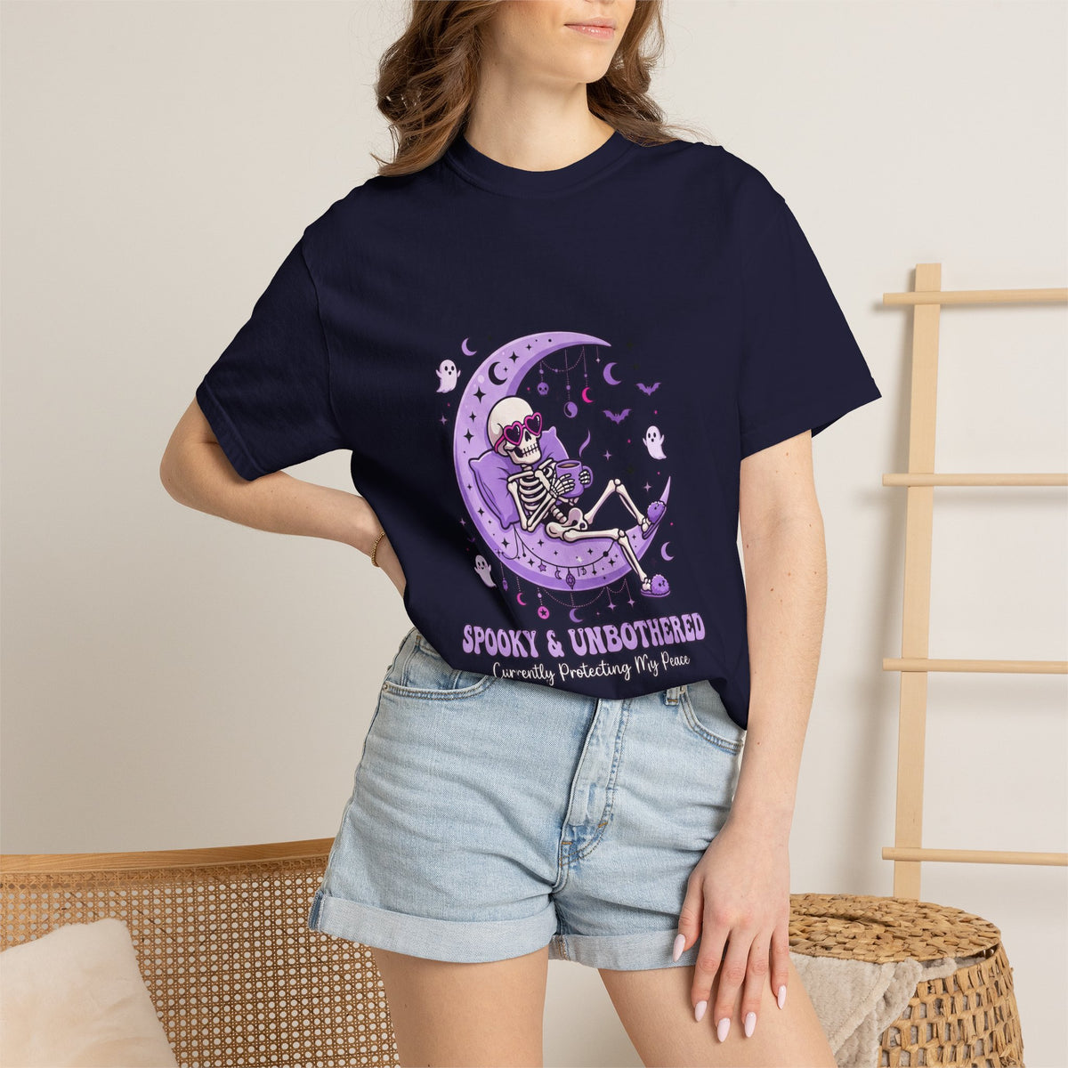 Spooky & Unbothered Skeleton Moon T-Shirt — Relaxed Gothic Graphic Tee