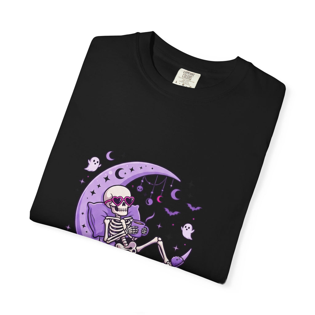 Spooky & Unbothered Skeleton Moon T-Shirt — Relaxed Gothic Graphic Tee