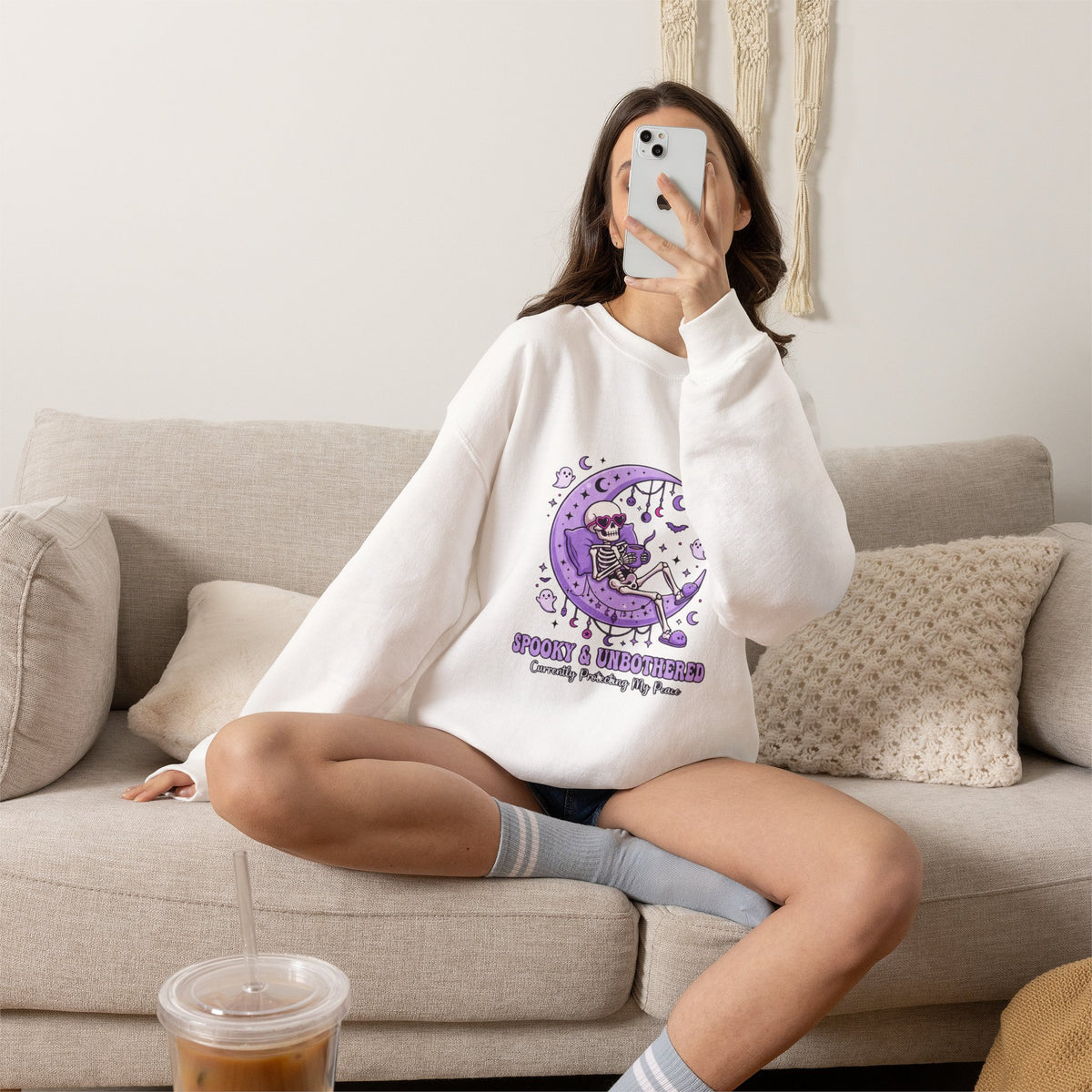 Skeleton on Moon Crewneck Sweatshirt — "Spooky & Unsocialized" Purple Gothic Graphic