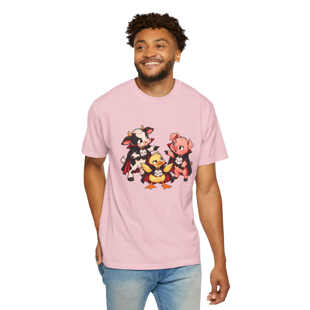 "This is why we have a wardrobe meeting first!" Cow, Pig & Chick Cartoon Graphic Tee