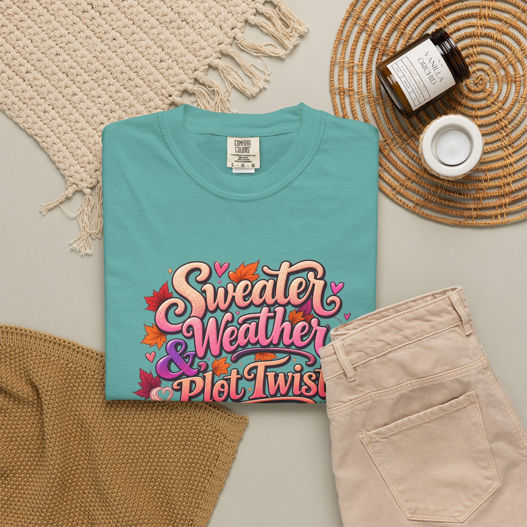 Sweater Weather Plot Twists Tee — Cozy Autumn Book Lover T-Shirt