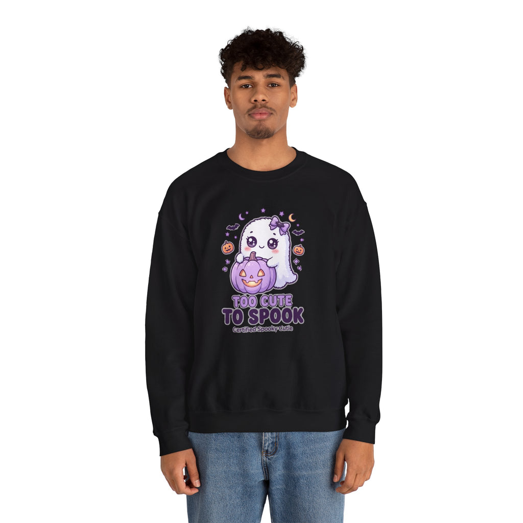 Crewneck Sweatshirt — "Too Cute to Spook" Ghost Pumpkin Halloween Pullover