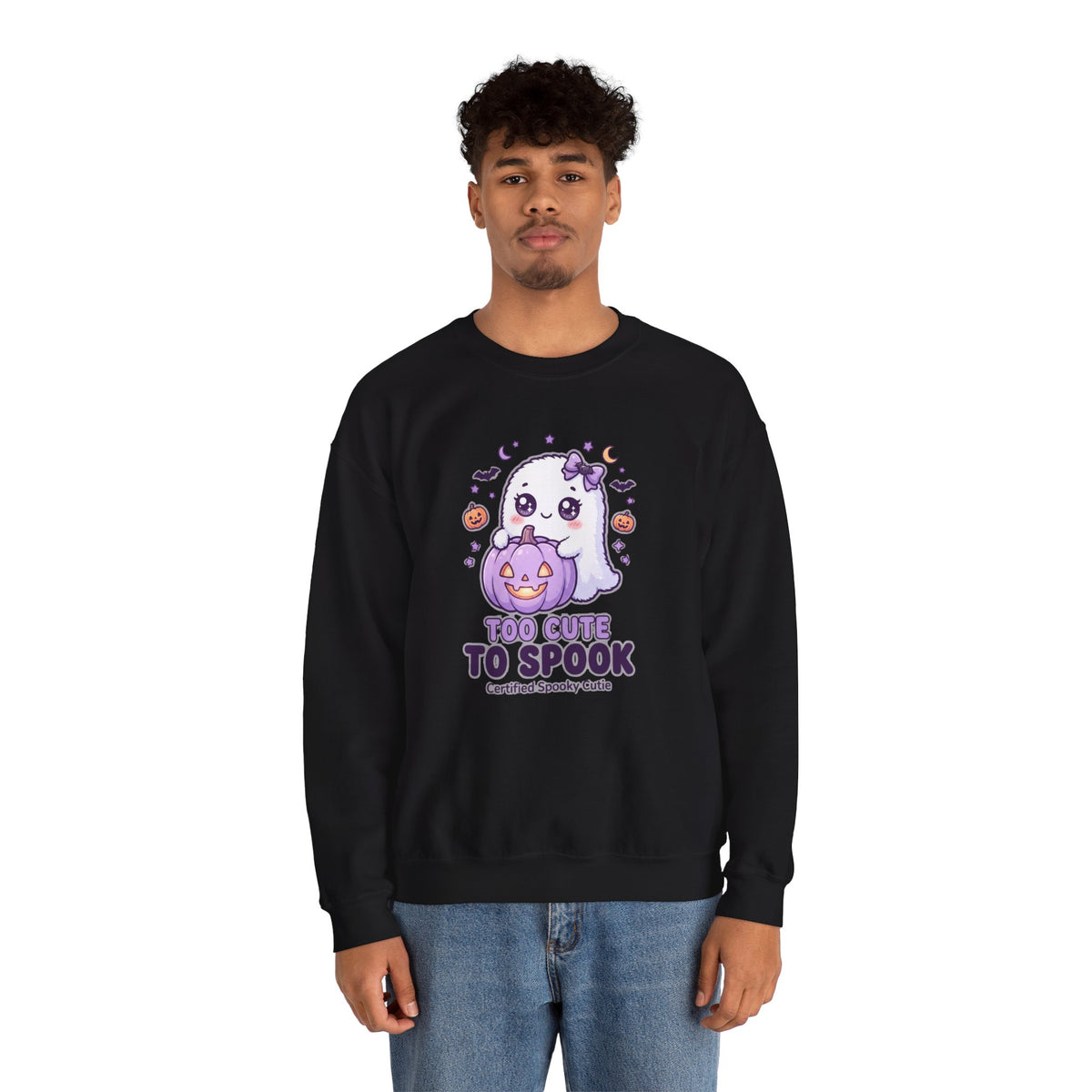 Crewneck Sweatshirt — "Too Cute to Spook" Ghost Pumpkin Halloween Pullover