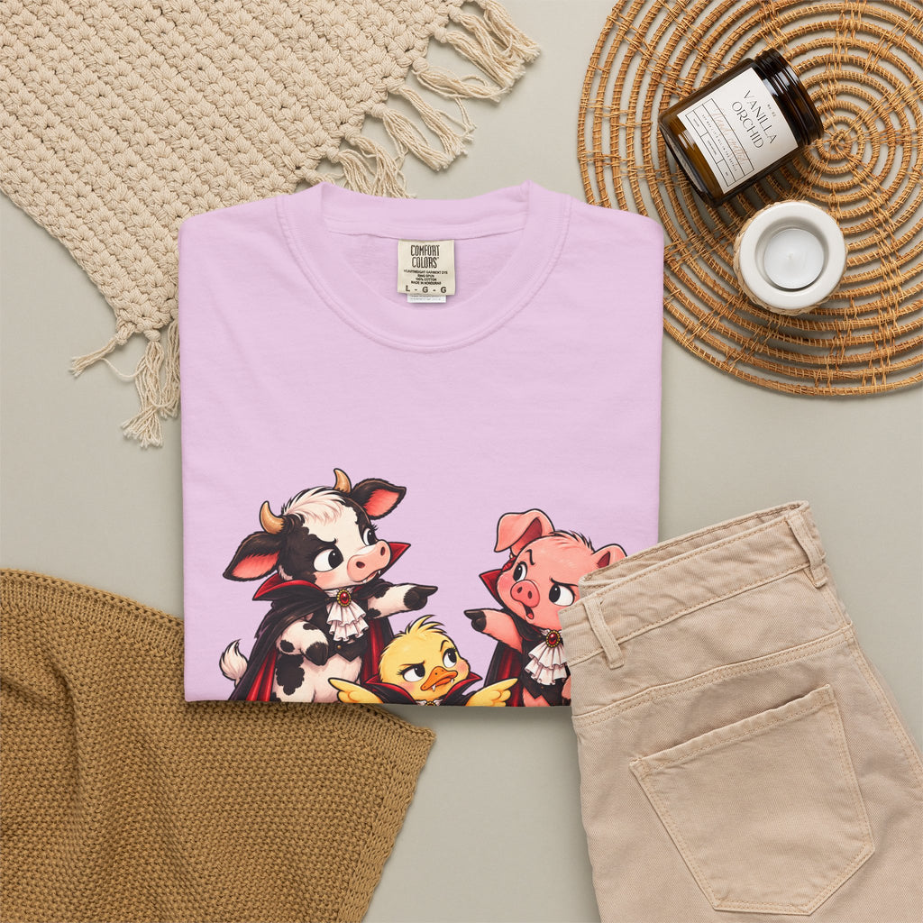 "This is why we have a wardrobe meeting first!" Cow, Pig & Chick Cartoon Graphic Tee