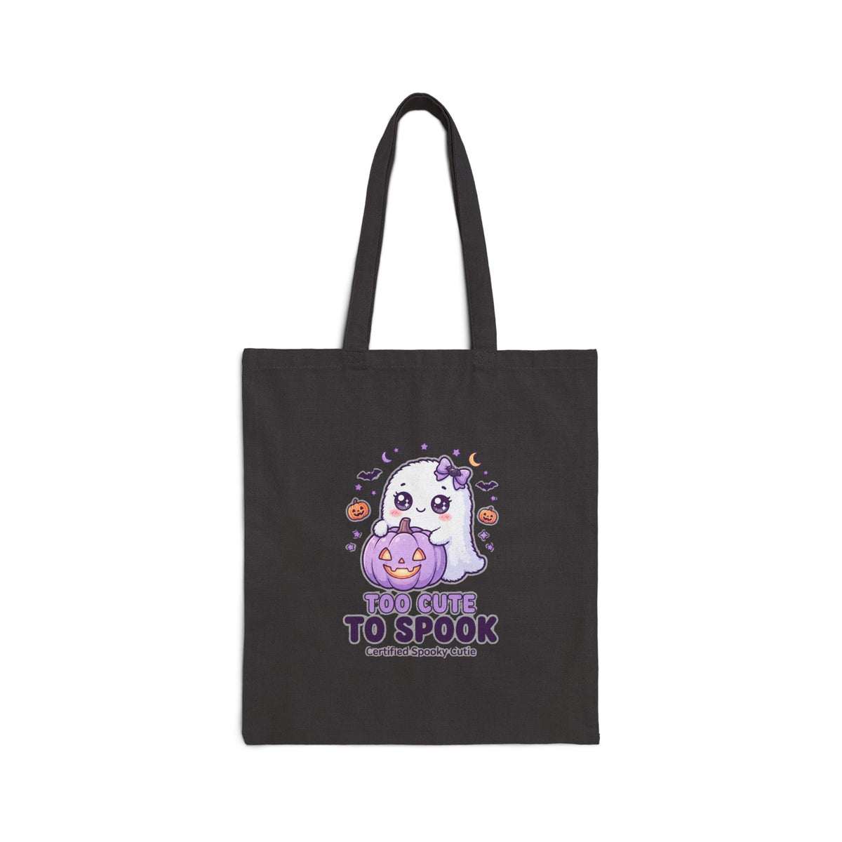 Cute Ghost Halloween Tote Bag - "Too Cute to Spook" Cotton Canvas Trick-or-Treat Shopping Bag