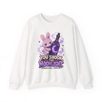 Crewneck Sweatshirt — Cute Purple Bunny “You Shook the Moonlight” Graphic