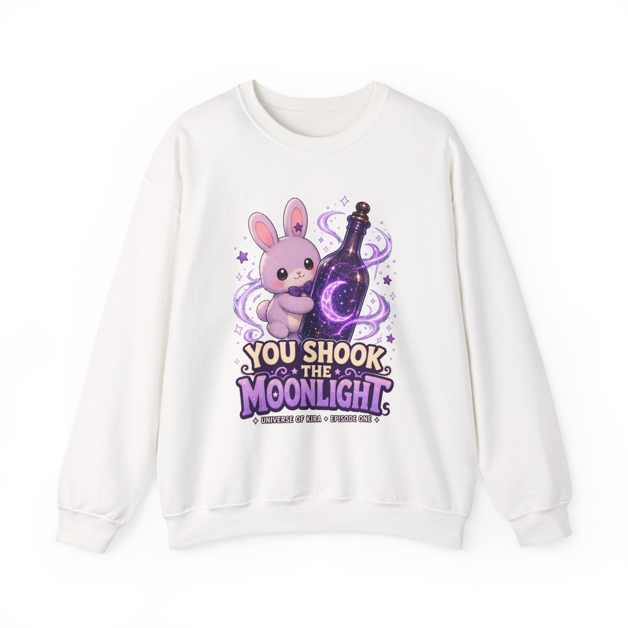 Crewneck Sweatshirt — Cute Purple Bunny “You Shook the Moonlight” Graphic