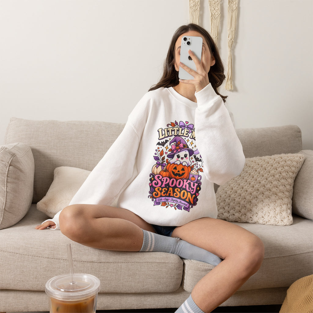 Little Miss Spooky Season Sweatshirt — Cute Halloween Ghost & Pumpkin Crewneck
