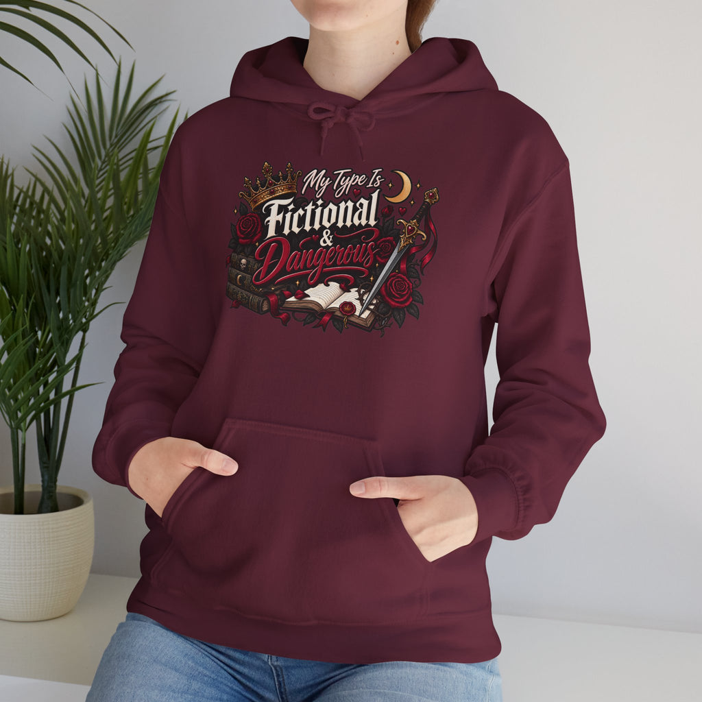 Hoodie — "My Type Is Fictional (Dangerous)" Booklover Graphic Pullover
