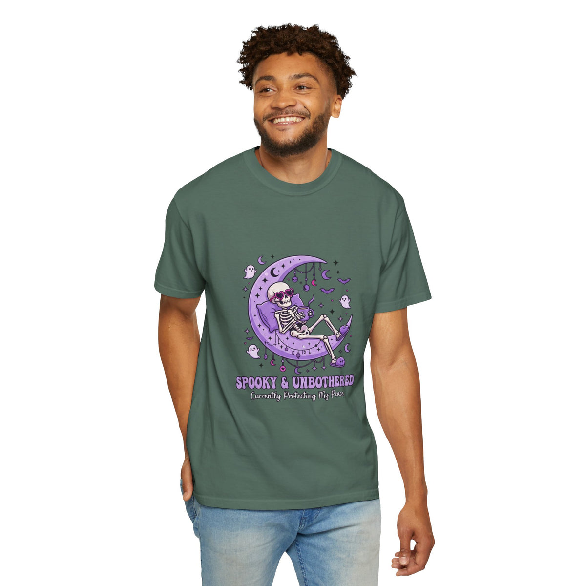Spooky & Unbothered Skeleton Moon T-Shirt — Relaxed Gothic Graphic Tee