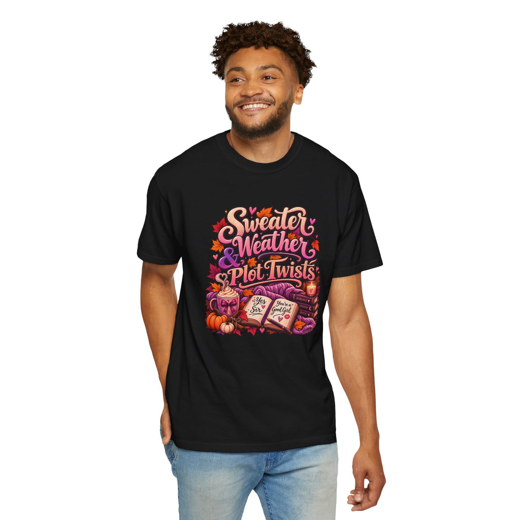 Sweater Weather Plot Twists Tee — Cozy Autumn Book Lover T-Shirt