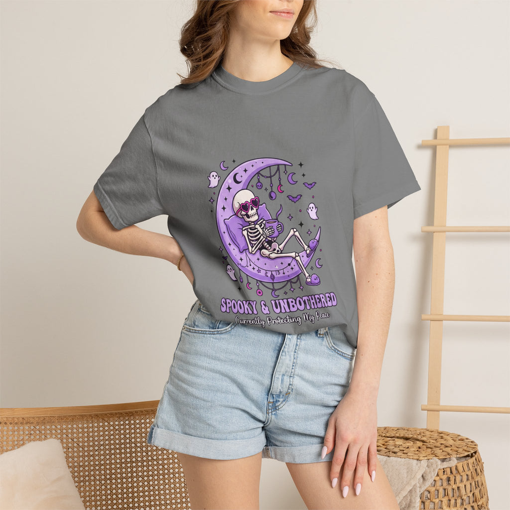 Spooky & Unbothered Skeleton Moon T-Shirt — Relaxed Gothic Graphic Tee