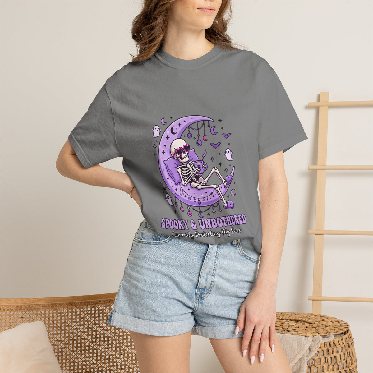 Spooky & Unbothered Skeleton Moon T-Shirt — Relaxed Gothic Graphic Tee