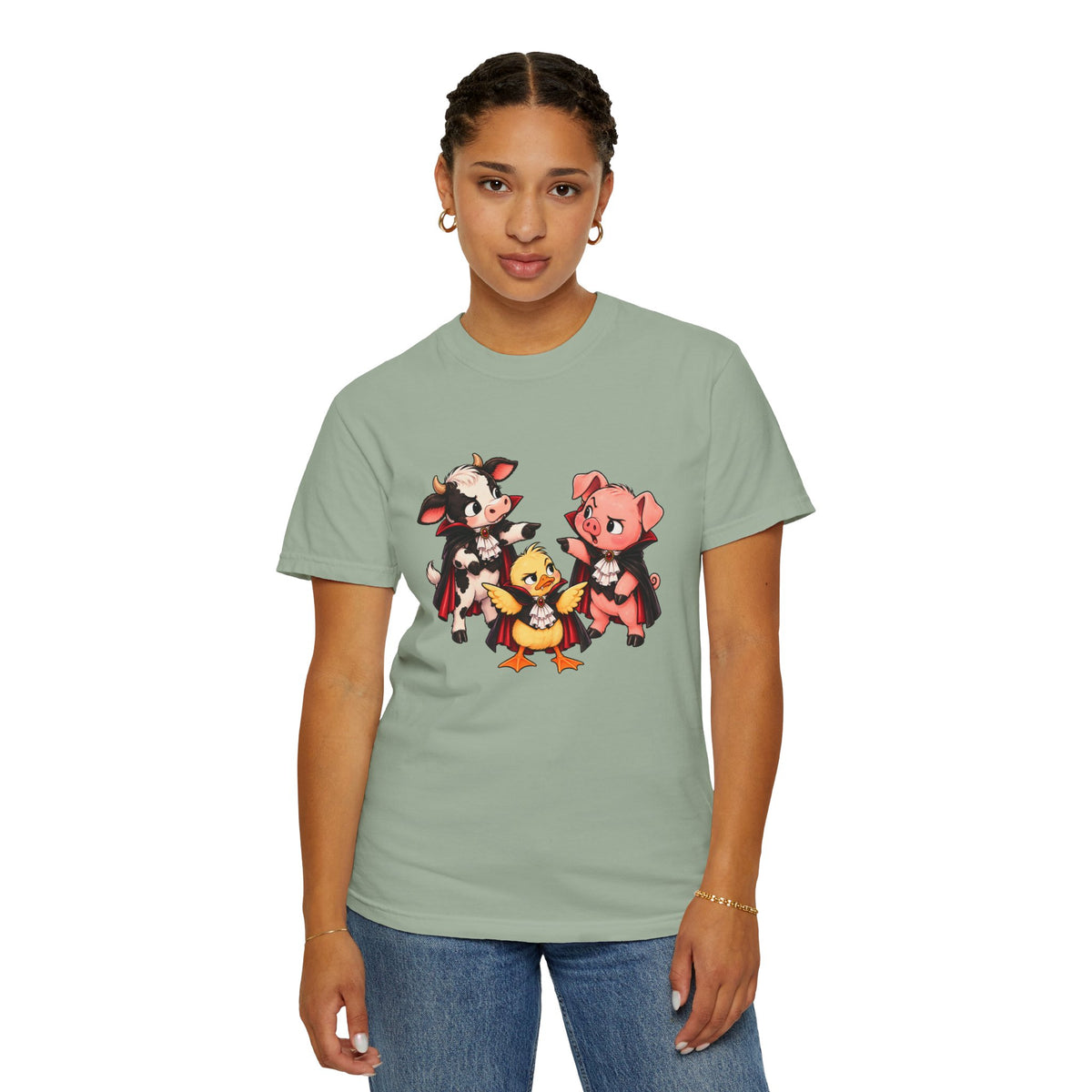 "This is why we have a wardrobe meeting first!" Cow, Pig & Chick Cartoon Graphic Tee