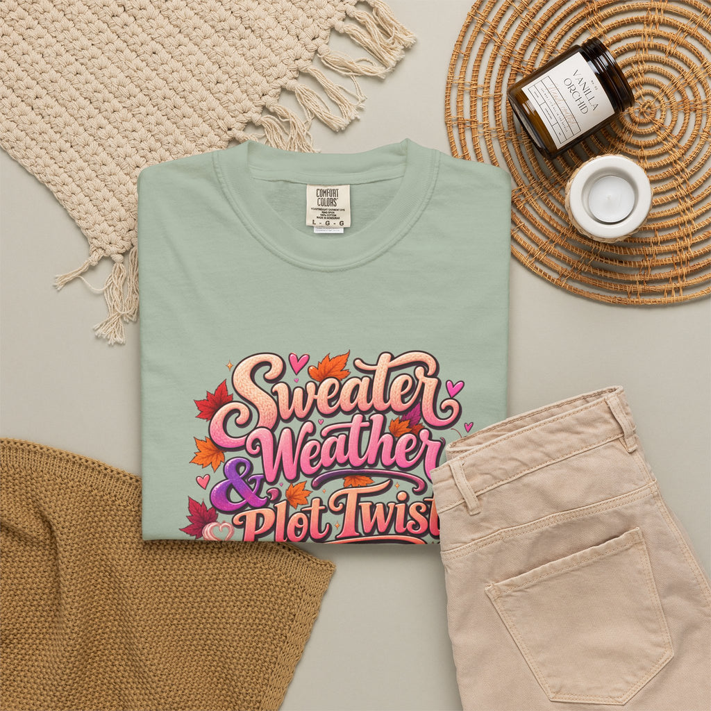 Sweater Weather Plot Twists Tee — Cozy Autumn Book Lover T-Shirt