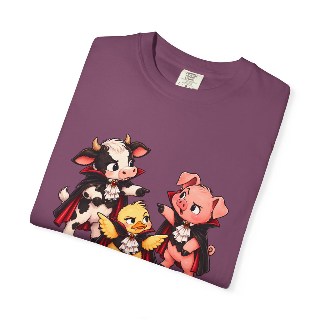 "This is why we have a wardrobe meeting first!" Cow, Pig & Chick Cartoon Graphic Tee