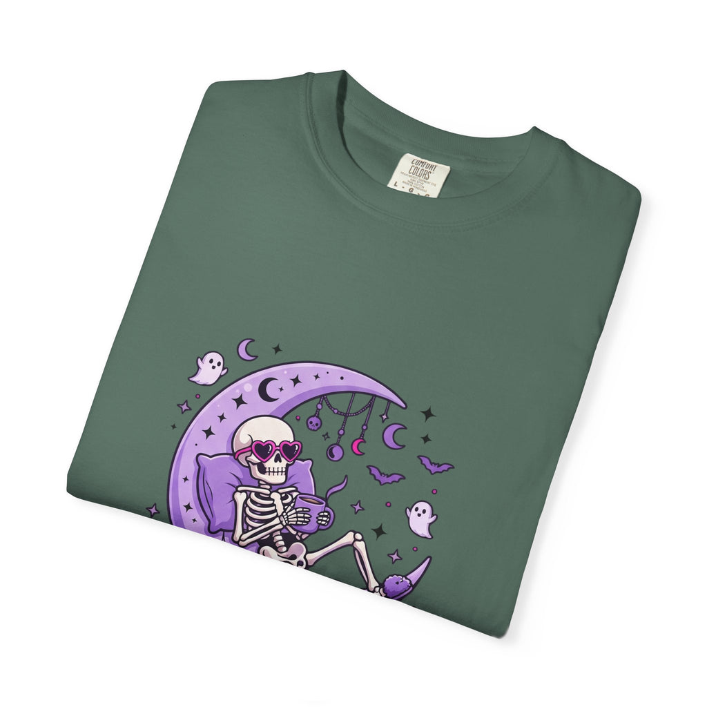 Spooky & Unbothered Skeleton Moon T-Shirt — Relaxed Gothic Graphic Tee