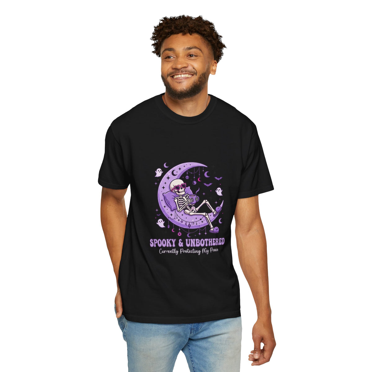 Spooky & Unbothered Skeleton Moon T-Shirt — Relaxed Gothic Graphic Tee