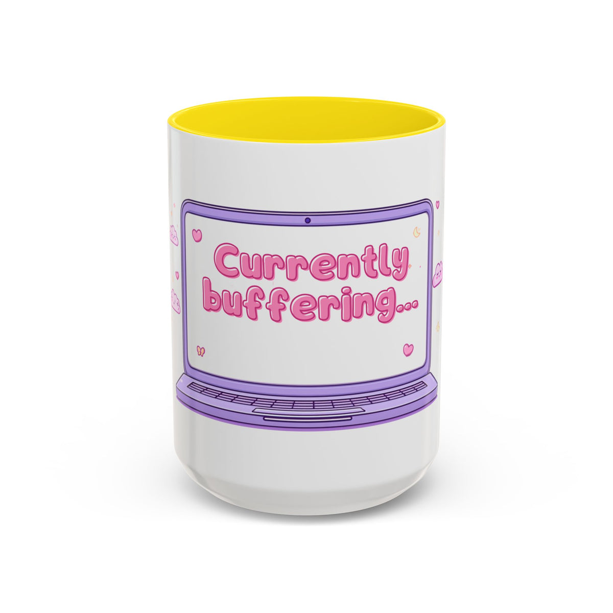 Accent Coffee Mug — "Currently Buffering" Cute Kawaii Laptop Design